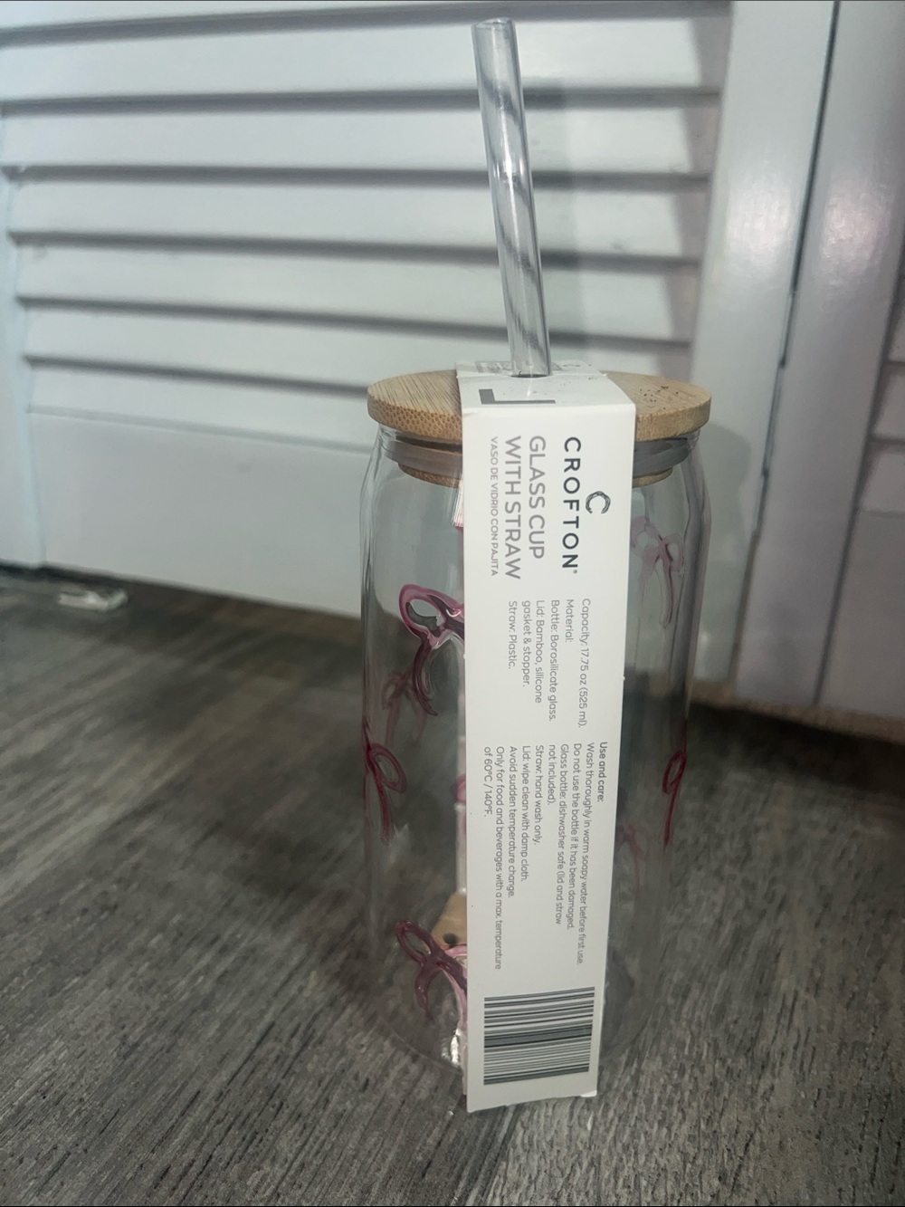 Crofton Pink Bow Glass Cup with Wooden Lid & Straw